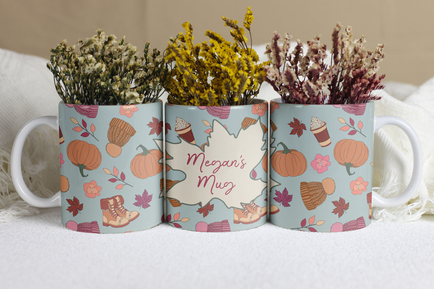 Personalised Autumn Mug | Hand-Drawn Fall Pattern | Custom Name on 11oz Ceramic Mug | Cool blue background