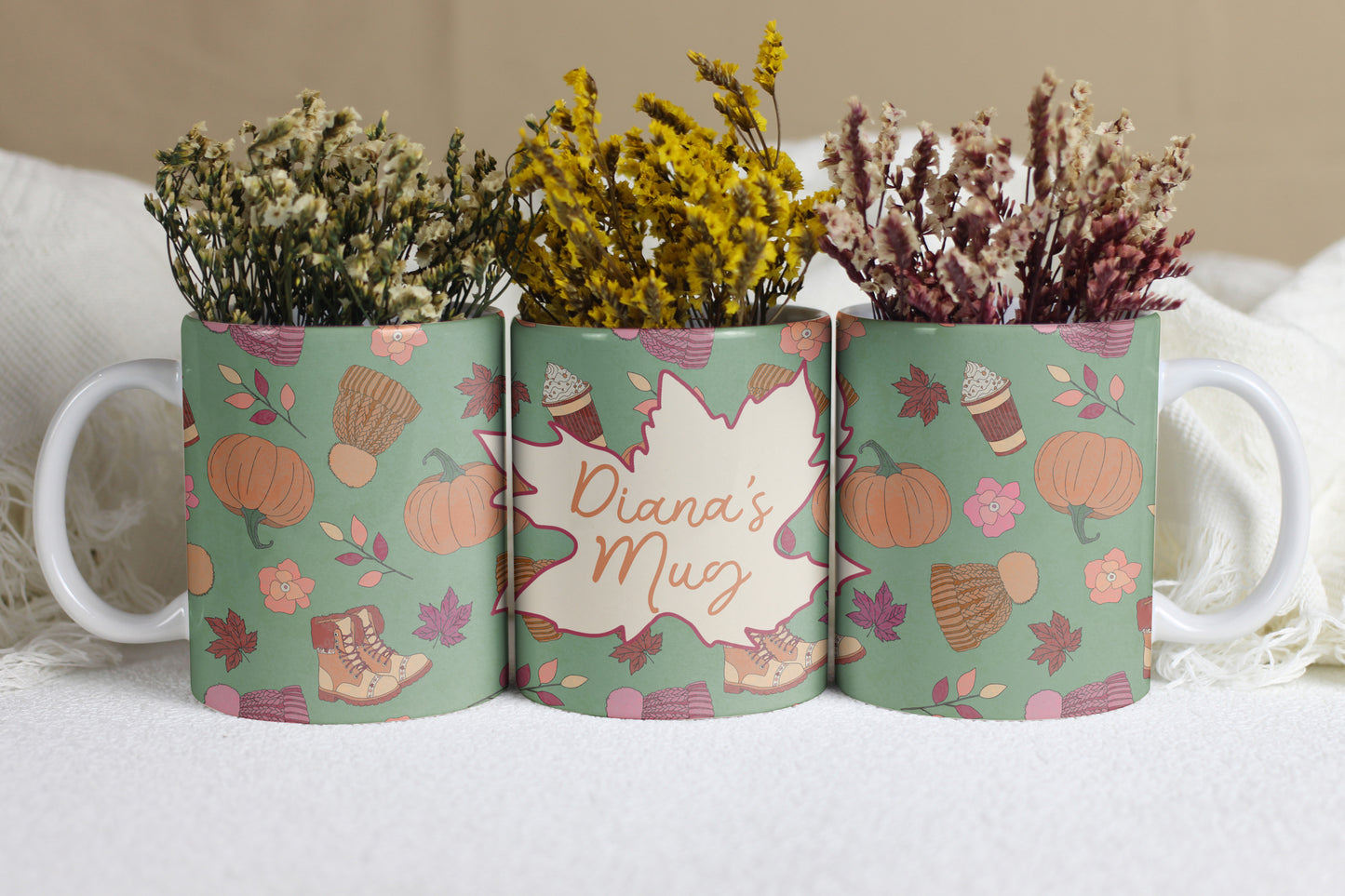 Personalised Autumn Mug | Hand-Drawn Fall Pattern | Custom Name on 11oz Ceramic Mug | Earthy green colour