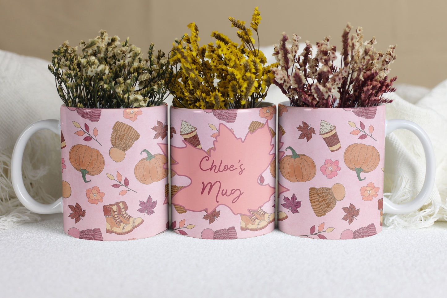 Personalised Autumn Mug | Hand-Drawn Fall Pattern | Custom Name on 11oz Ceramic Mug | Pretty pink colour