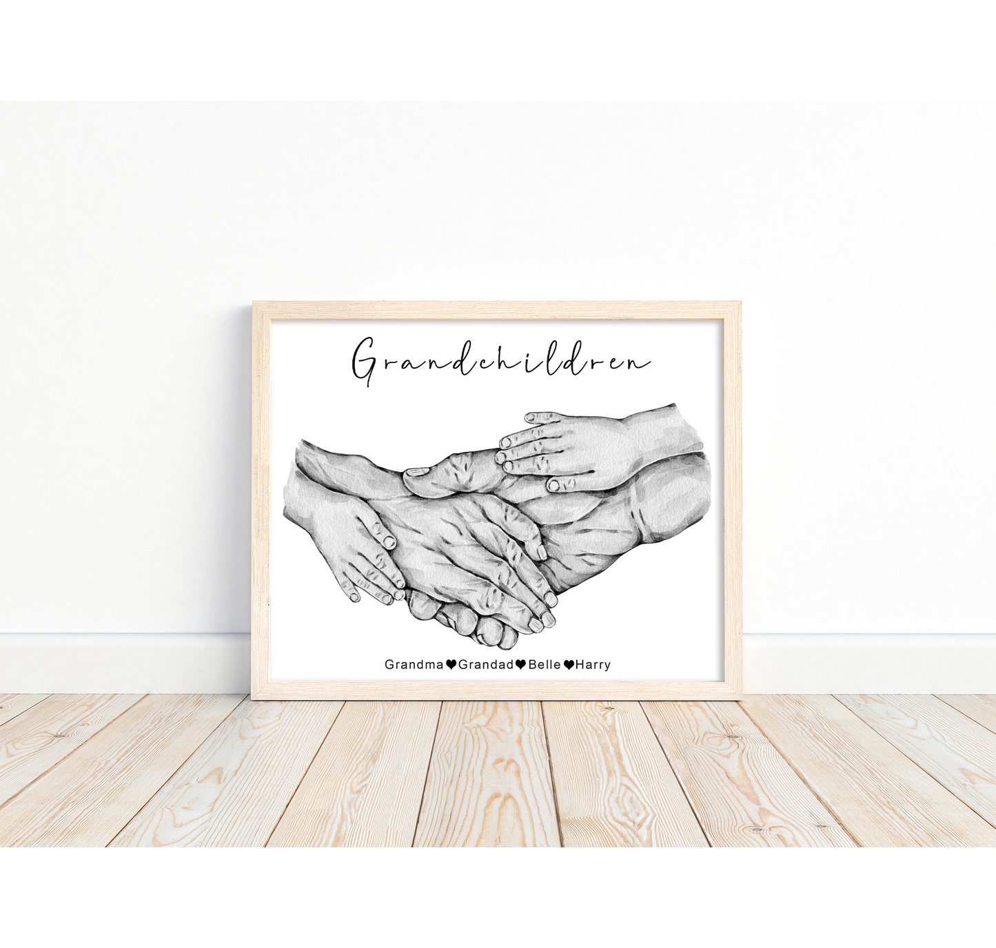 Watercolour grandparent and grandchild hands portrait | Black and white or full colour | Couple with up to 1-5 children | A3 | A4 | A5
