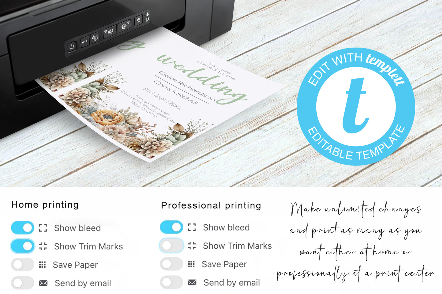 Boho Blooms Wedding Invitation - Editable Template. Rustic Elegance with Bohemian florals and golden feathers - 5x7