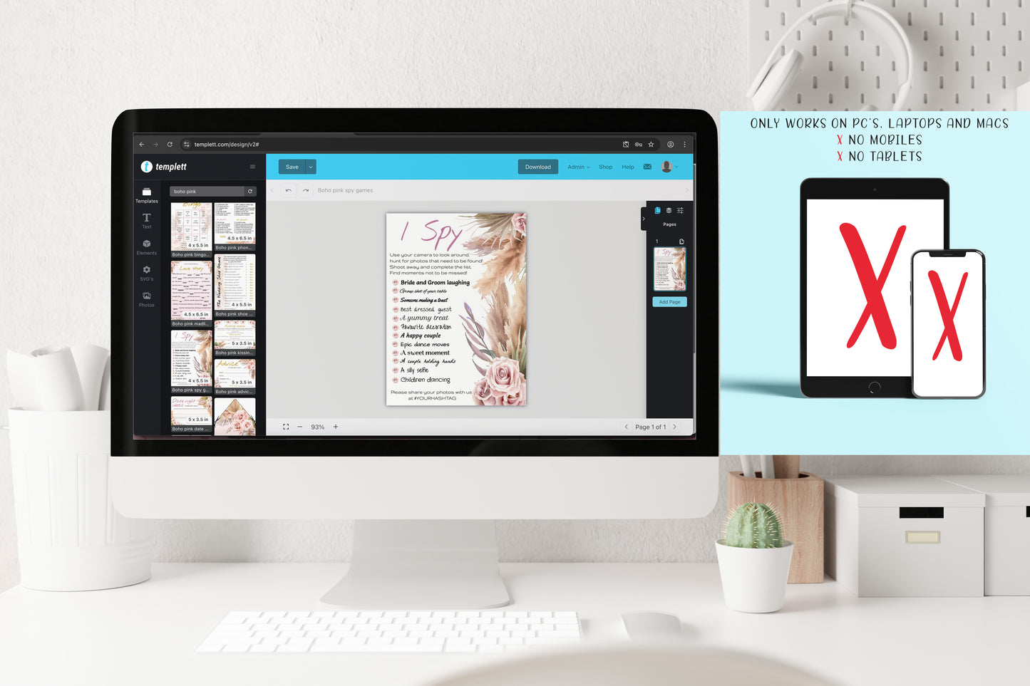 Pink Rose Boho Wedding Game Bundle: Editable Templates (Instant Download)