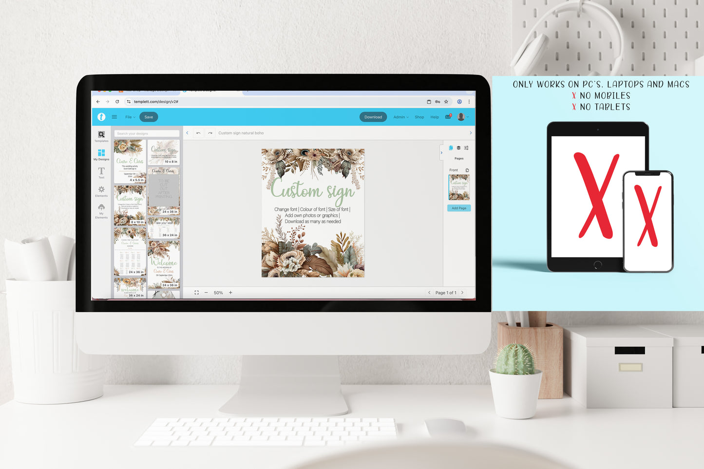 Rustic Boho Wedding Sign Set: Editable Floral & Feather Design (Instant Download)