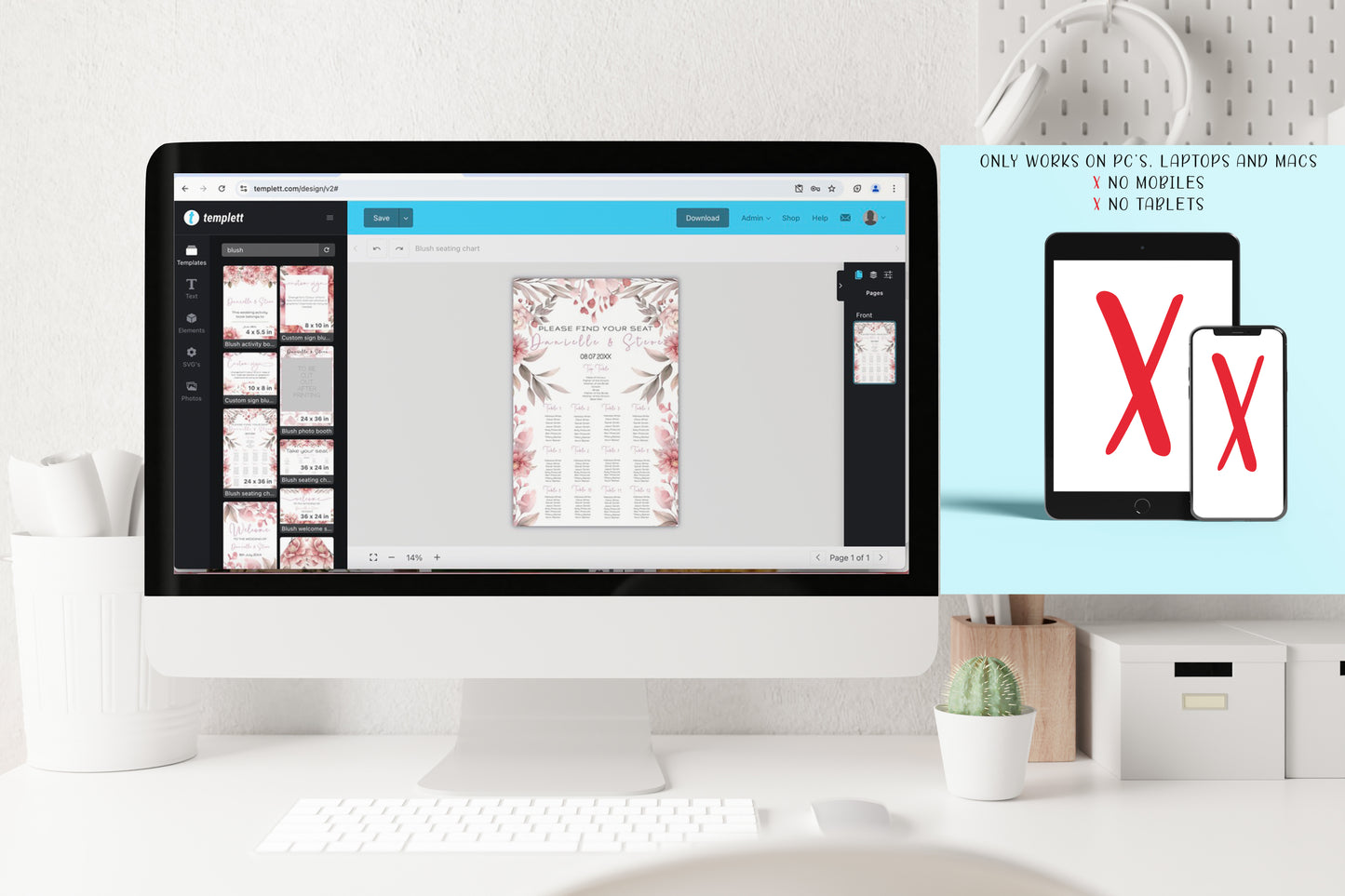 Blush Pink Floral Wedding Sign Template Bundle (Editable)