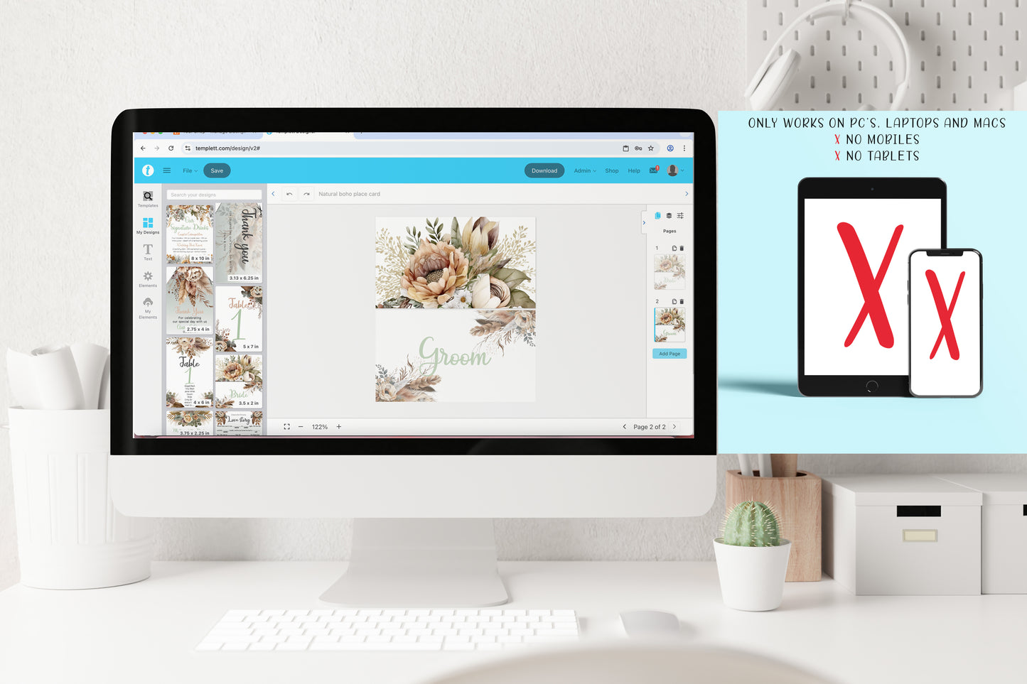 Rustic Boho Wedding Sign Set: Cream Floral & Feather Design (Instant Download, Editable Templates 7x )