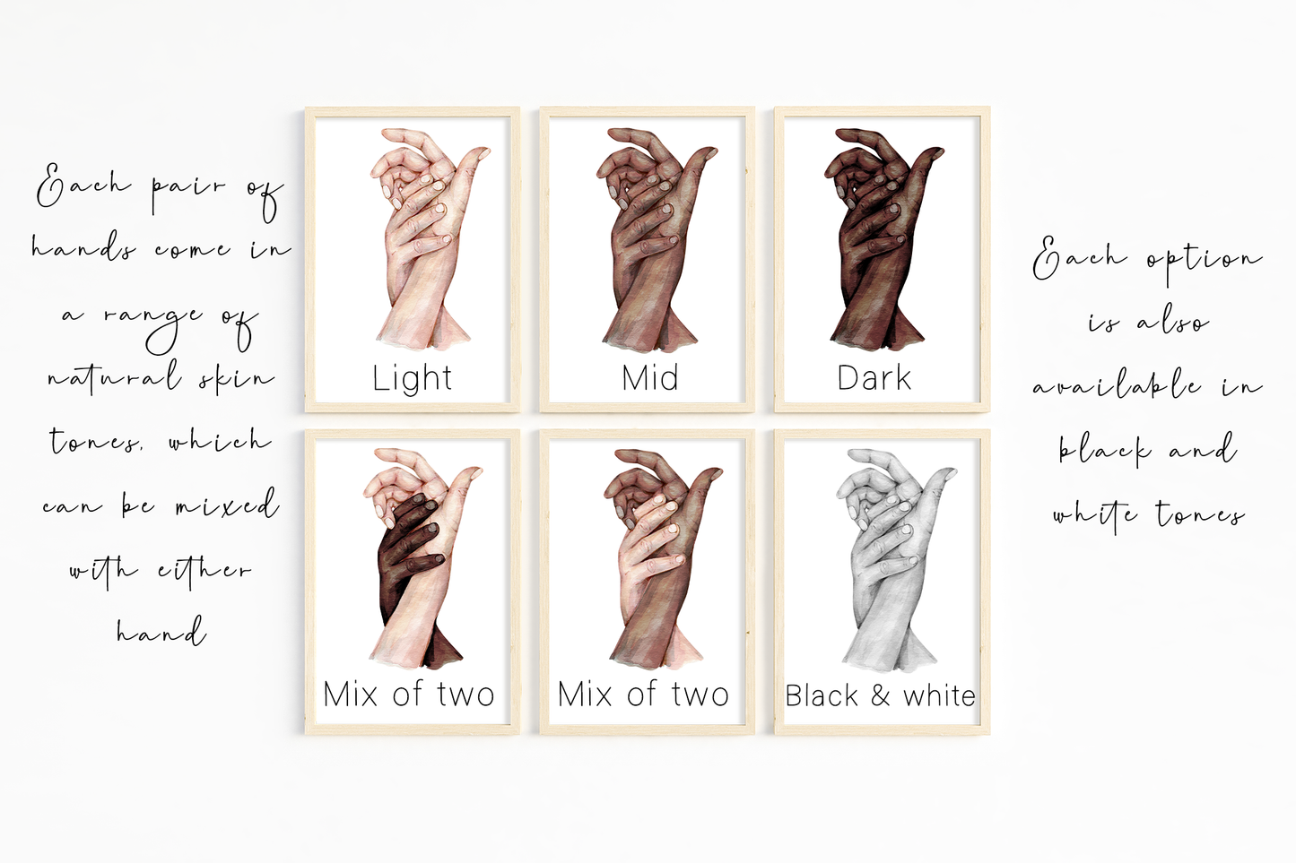 Couples hands portrait, with natural skin tones or black & white in 6 styles | entwined hands, dancing hands A3 | A4 | A5 | Greeting card