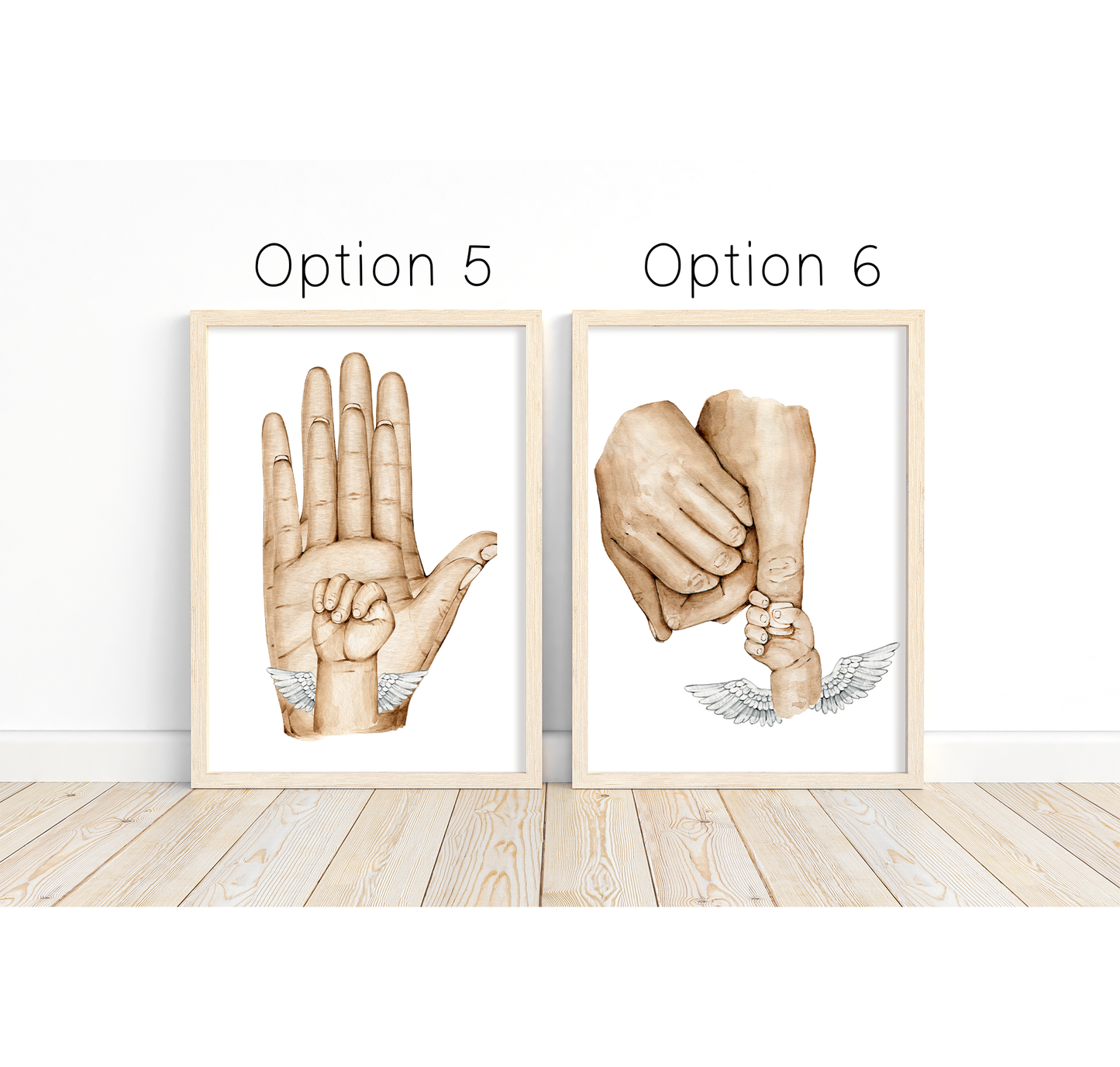 Angel baby with parent hands print | Baby memorial artwork | Baby loss portrait | Natural skin tones or Black and white | A3 | A4 | A5 | Greeting card