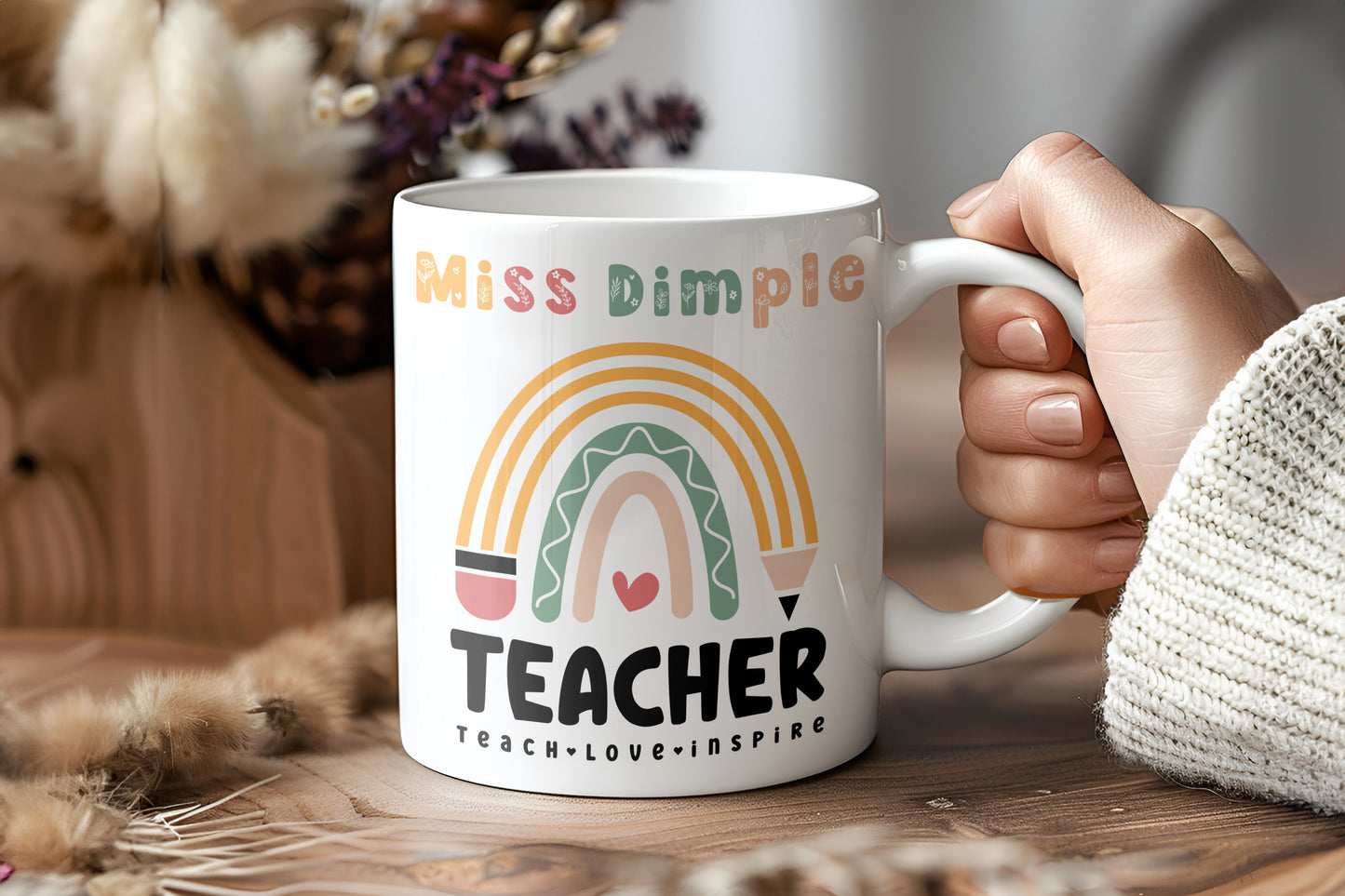 Personalised Teacher Gift Mug - Rainbow pencil design with Custom name - Thank you end of year gift