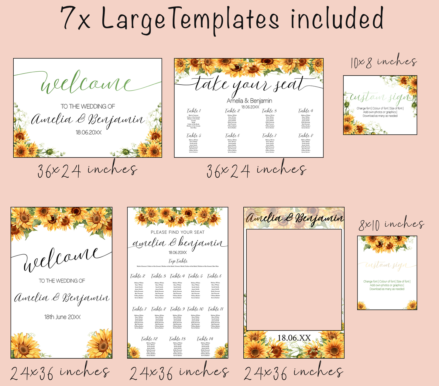 Wedding large sign template bundle with Bright Sunflowers - 7x Editable Templates - Seating charts, welcome signs, photo booth frame