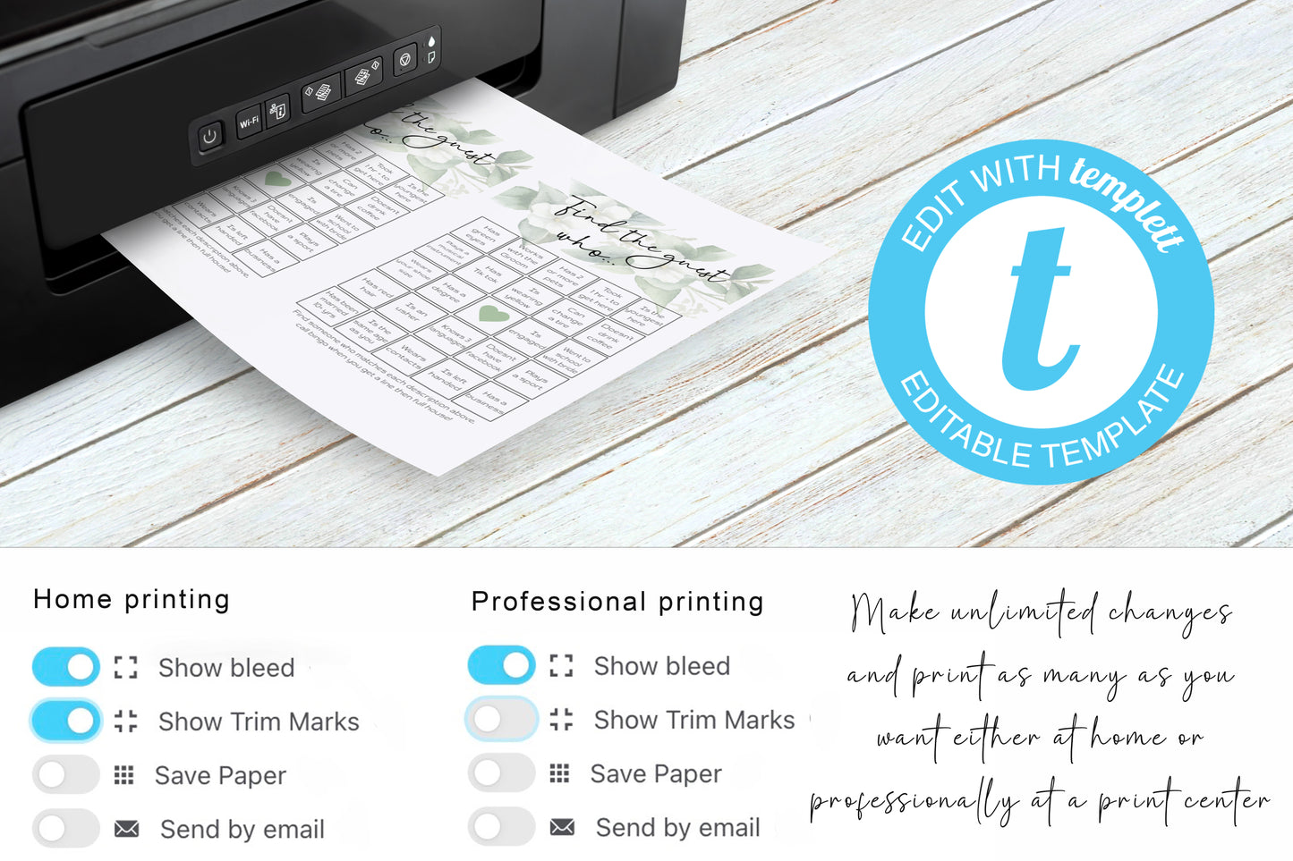 Wedding game pack template bundle with green eucalyptus leaves - 9x Editable Templates - I Spy, Shoe game, Bingo, Mad libs, Find the guest..