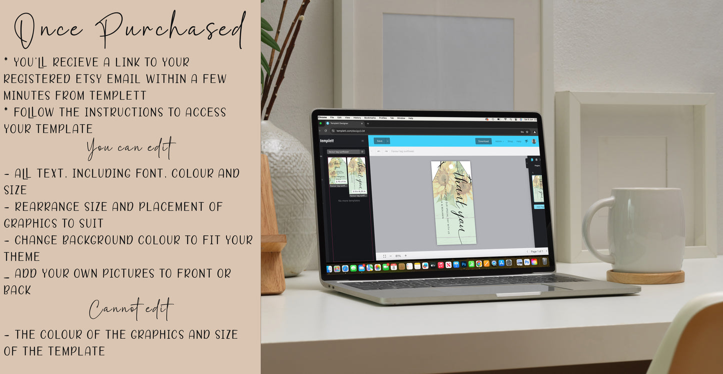 Wedding sign template bundle with Bright Sunflowers - 7x Editable Templates - Table numbers, place cards, Favour tags and drinks menu