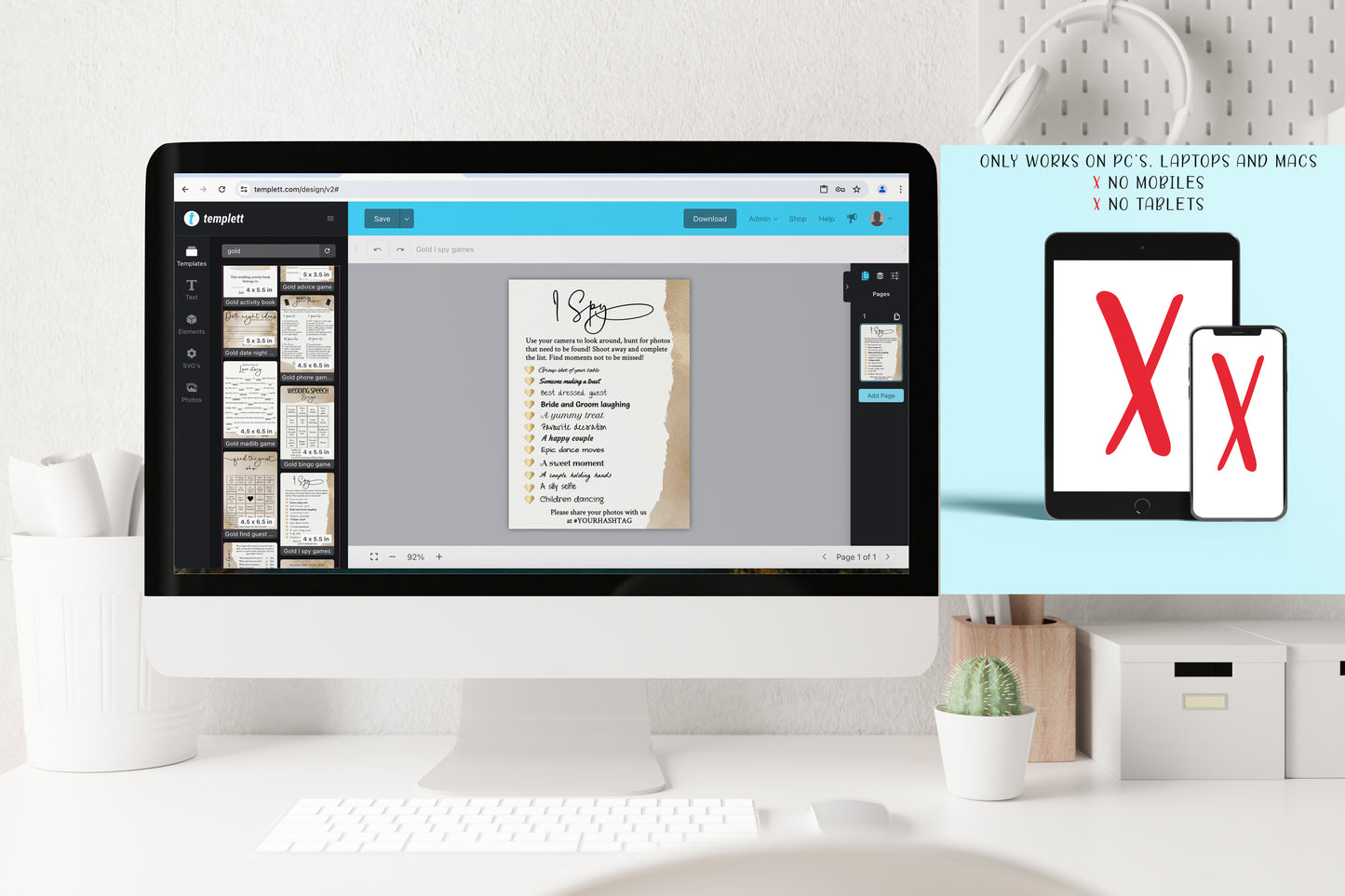 Wedding game pack template bundle in Golden Shimmer design - 9x Editable Templates - I Spy, Shoe game, Bingo, Mad libs, Find the guest...