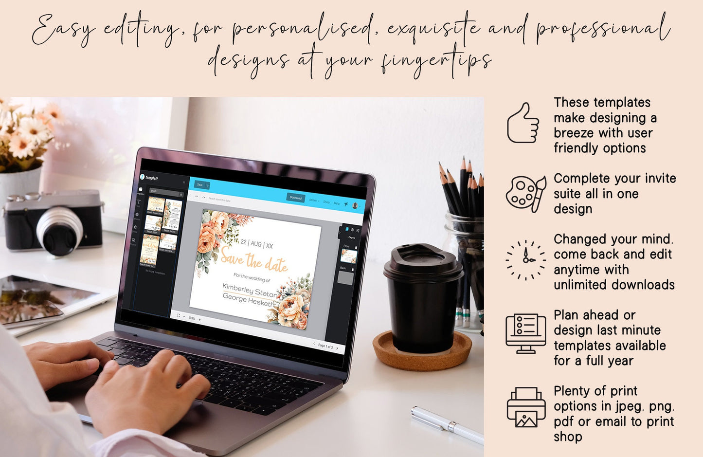 Peach Flowers Wedding Save the date card - Editable Template. Elegant floral designs with hues of oranges and yellows- 7x5