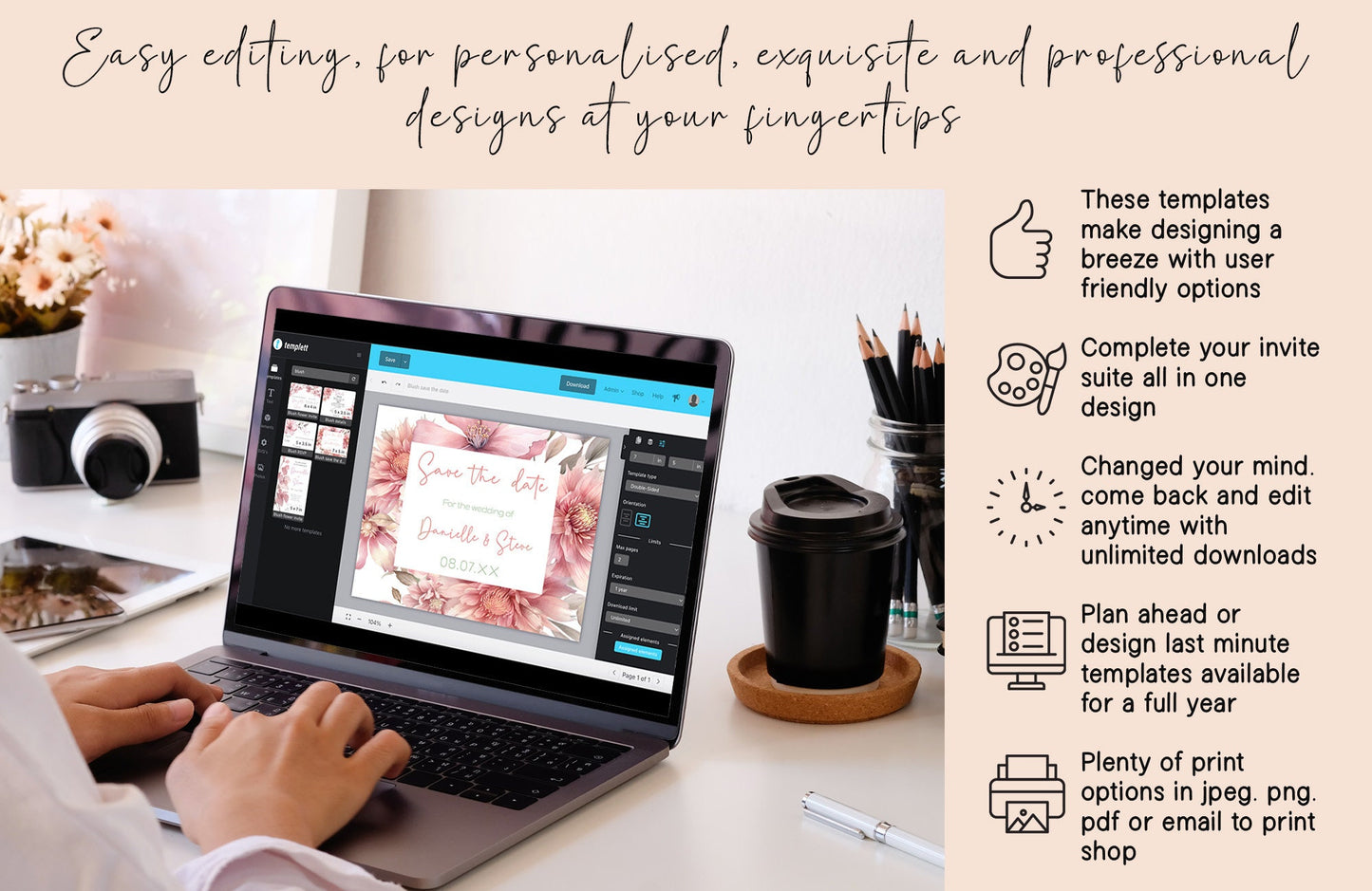 Blush pink Wedding Save the Date card - Editable Template. Beautifully subtle romantic floral design - 7x5