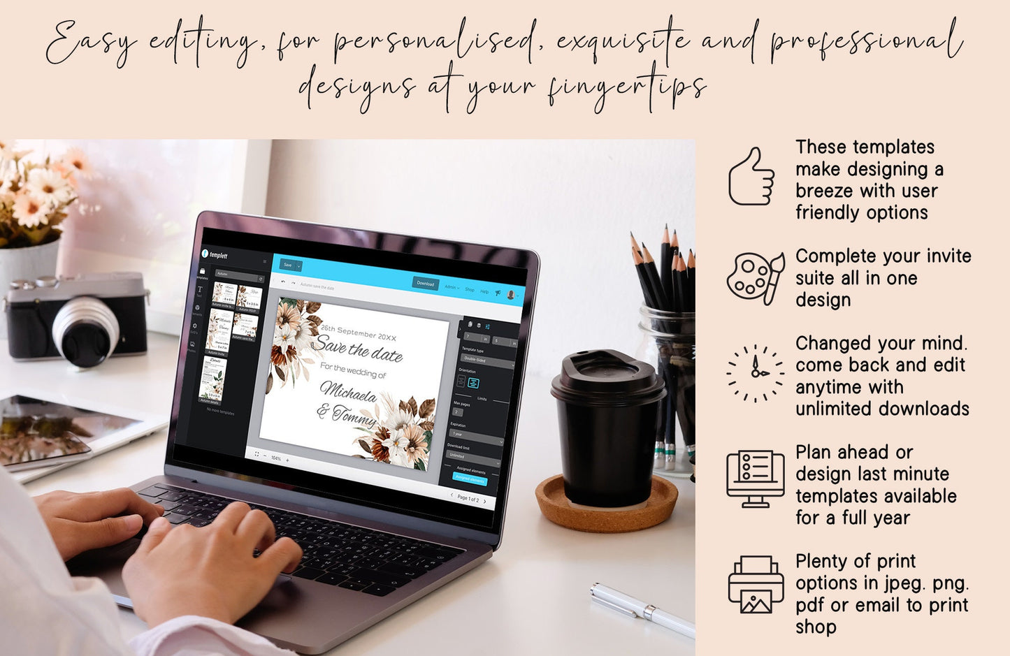 Autumn Elegance Wedding Save the Date card - Editable Template with Golden Browns, Creams, and Forest Greens in 7x5