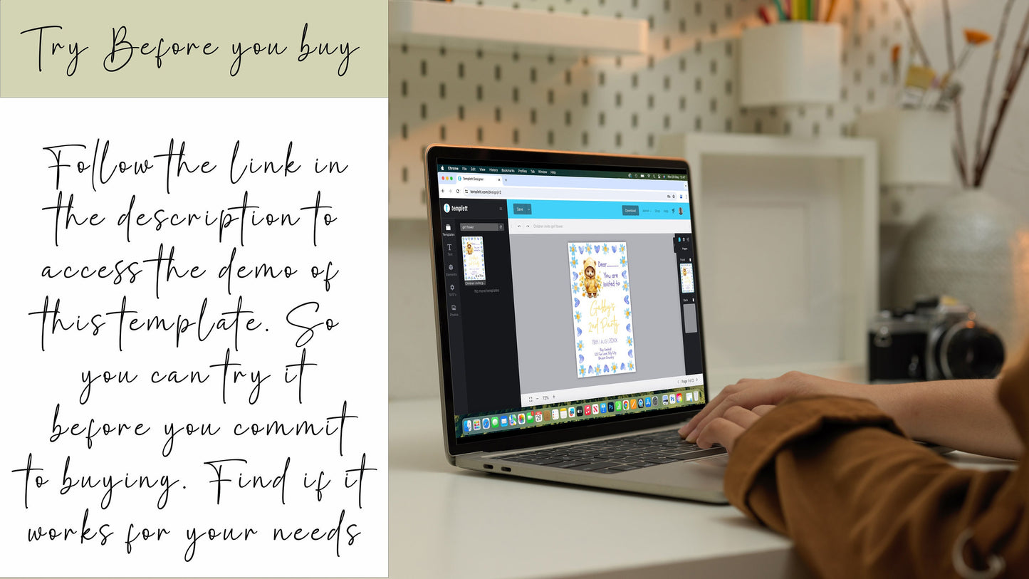 Personalised Children's Birthday Invitation - Fully editable Teddy Bear in Yellow Mac with Blue Floral and Heart Border - 7x5