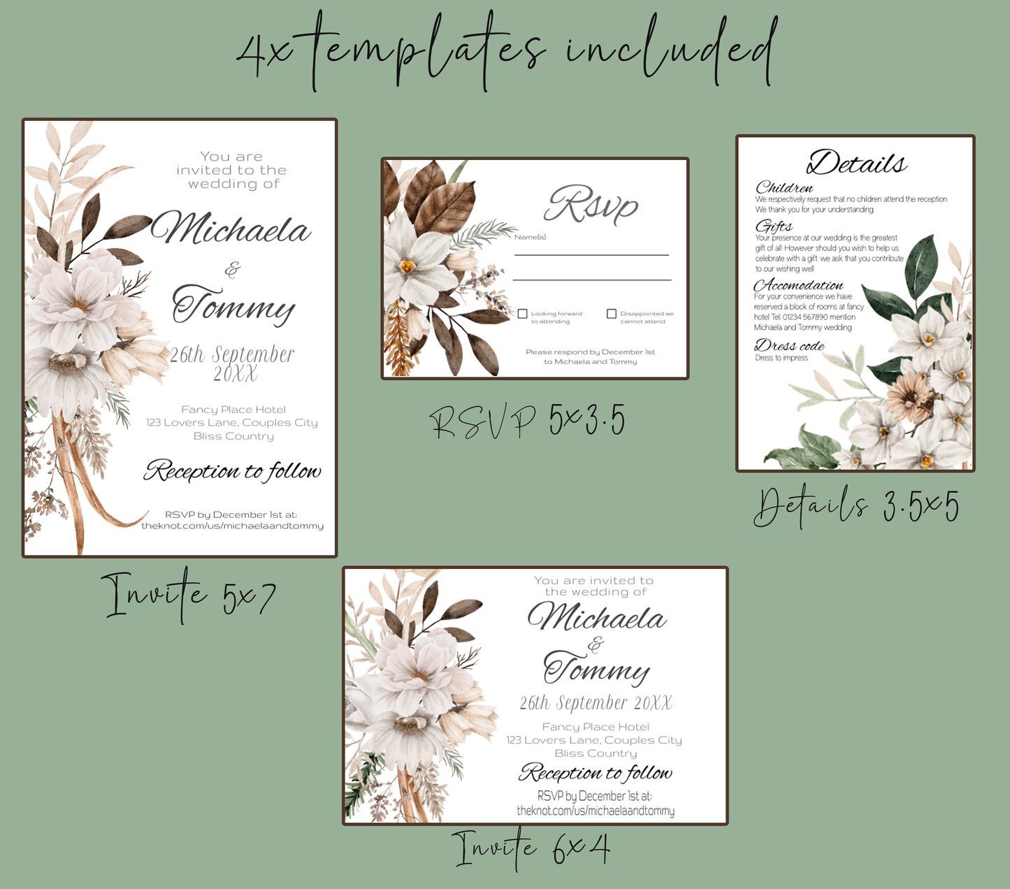 Autumn Elegance Wedding Invitation Suite - Editable Template with Golden Browns, Creams, and Forest Greens - invite, rsvp and details card