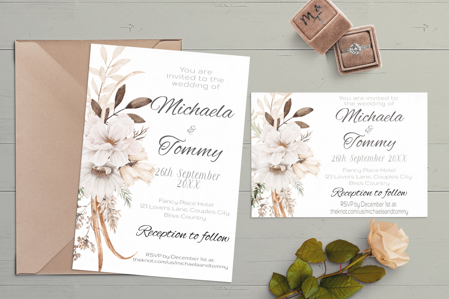 Autumn Elegance Wedding Invitation Suite - Editable Template with Golden Browns, Creams, and Forest Greens - invite, rsvp and details card