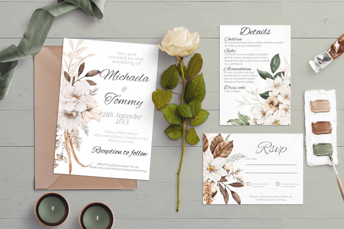 Autumn Elegance Wedding Invitation Suite - Editable Template with Golden Browns, Creams, and Forest Greens - invite, rsvp and details card