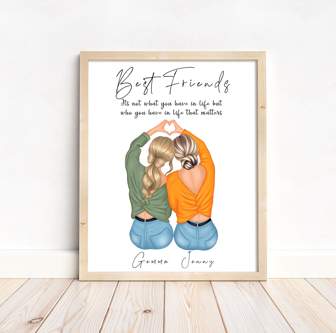 Portrait gift of best friend, girlfriends with heart hands | A4 | A5 | Greeting card