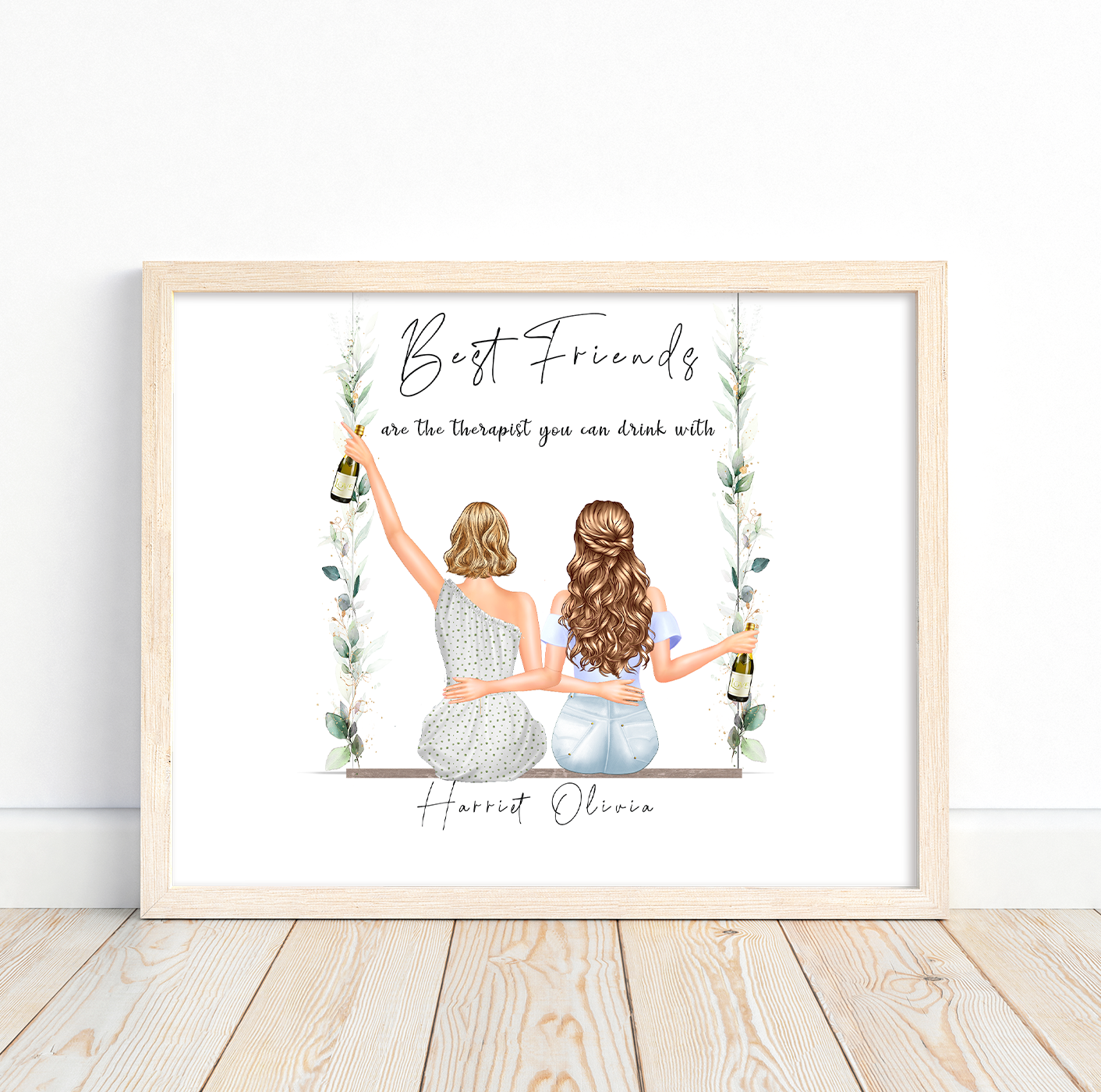 Personalised print gift for best friend, sitting on lovely flower swing with celebration drinks | A4 | A5 | Greeting card