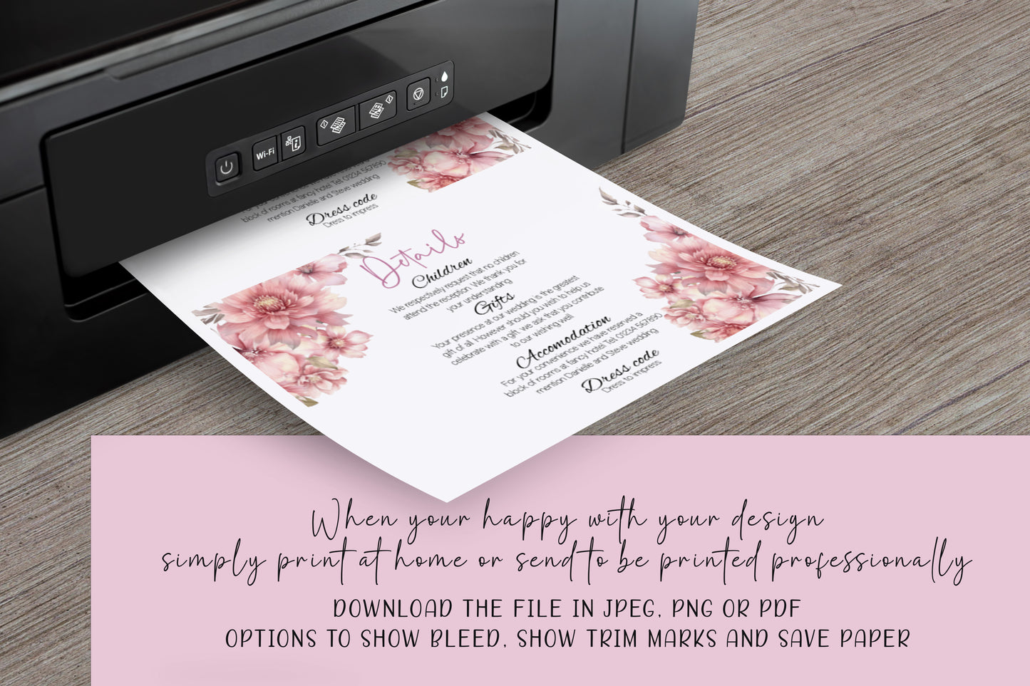 Blush pink Wedding Invitation  - Editable Template. Beautifully subtle romantic floral design - 5x7