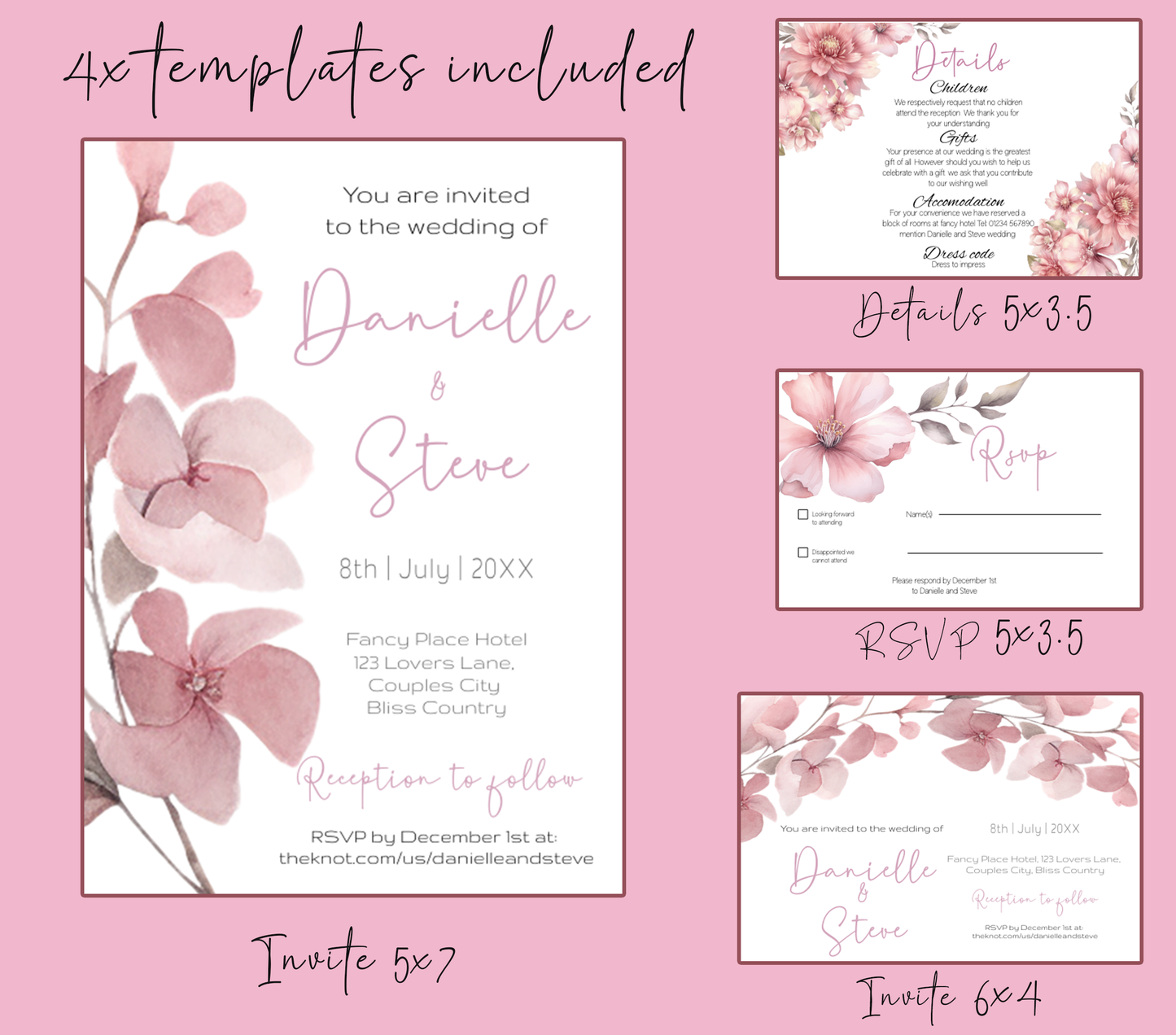 Blush pink Wedding Invitation Suite - Editable Template. Beautifully subtle romantic floral design - invite, rsvp and details card