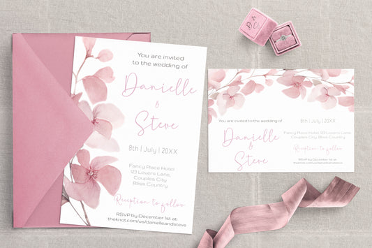 Blush pink Wedding Invitation Suite - Editable Template. Beautifully subtle romantic floral design - invite, rsvp and details card