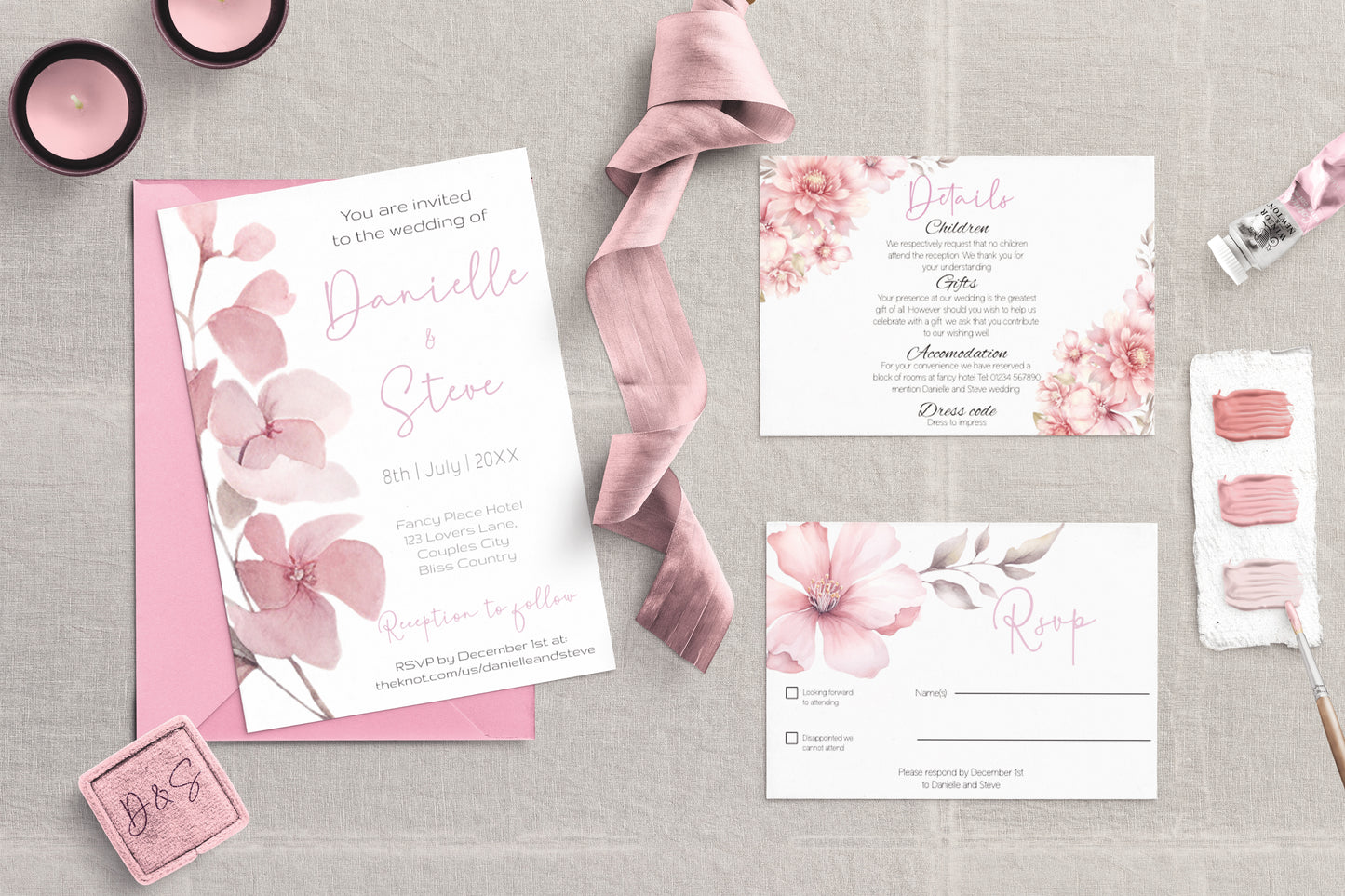 Blush pink Wedding Invitation Suite - Editable Template. Beautifully subtle romantic floral design - invite, rsvp and details card