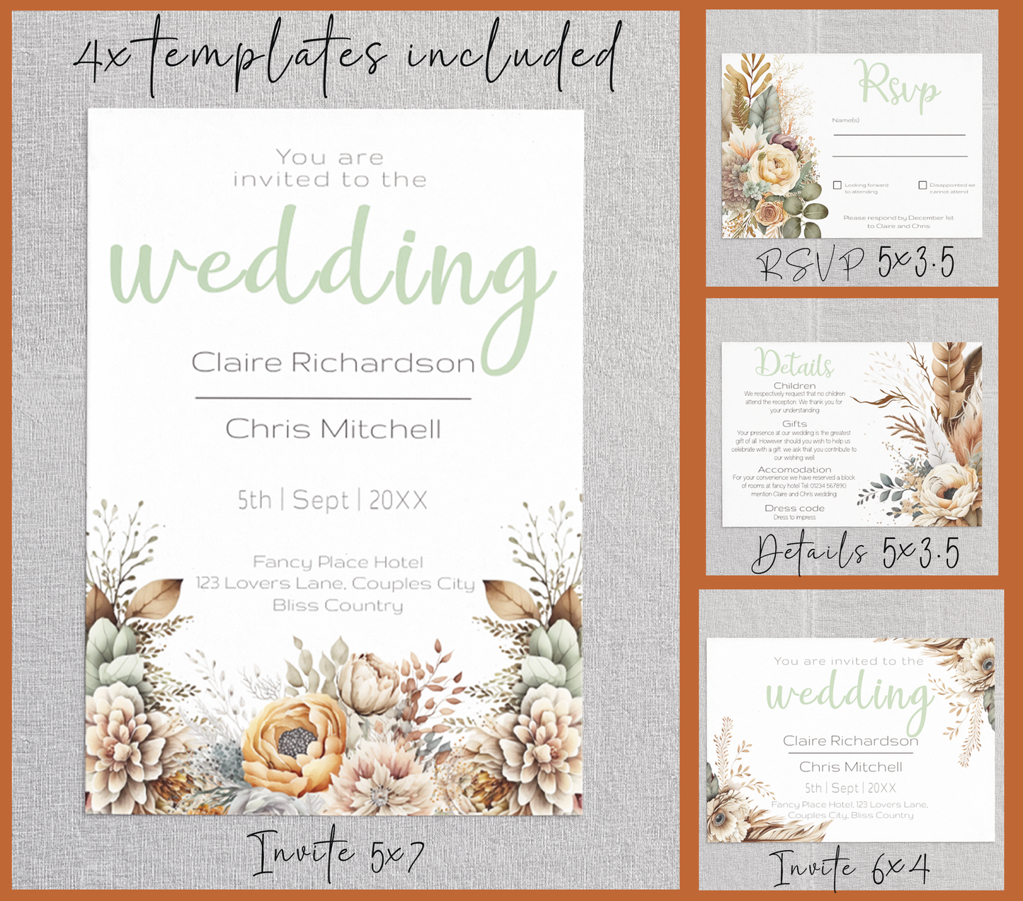 Boho Blooms Wedding Invitation Suite - Editable Template. Rustic Elegance with Bohemian florals and golden feathers - invite, rsvp, details