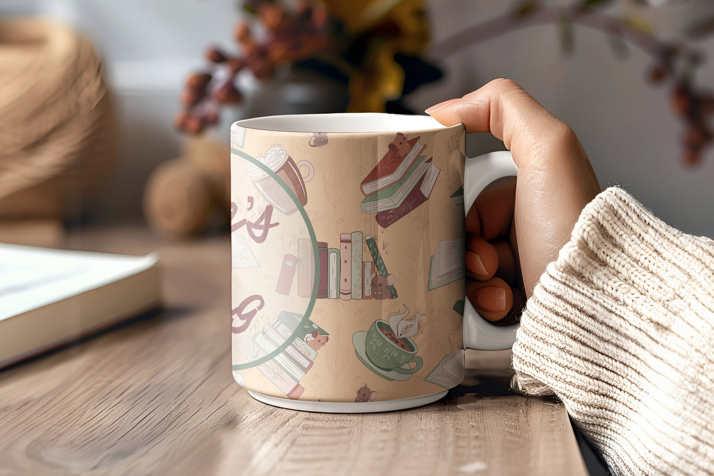 Personalised Book Lover Mug | Hand-Drawn Books, Coffee Cups & Mice | Custom Name on 11oz Ceramic Mug |  Cream background