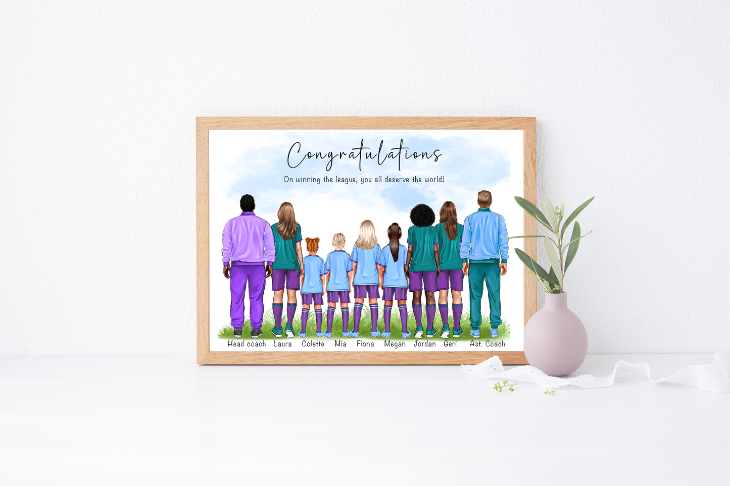 Sports coach and students portrait, end-of-season goodbye or thank you gift for PE teacher, football league coach or manager