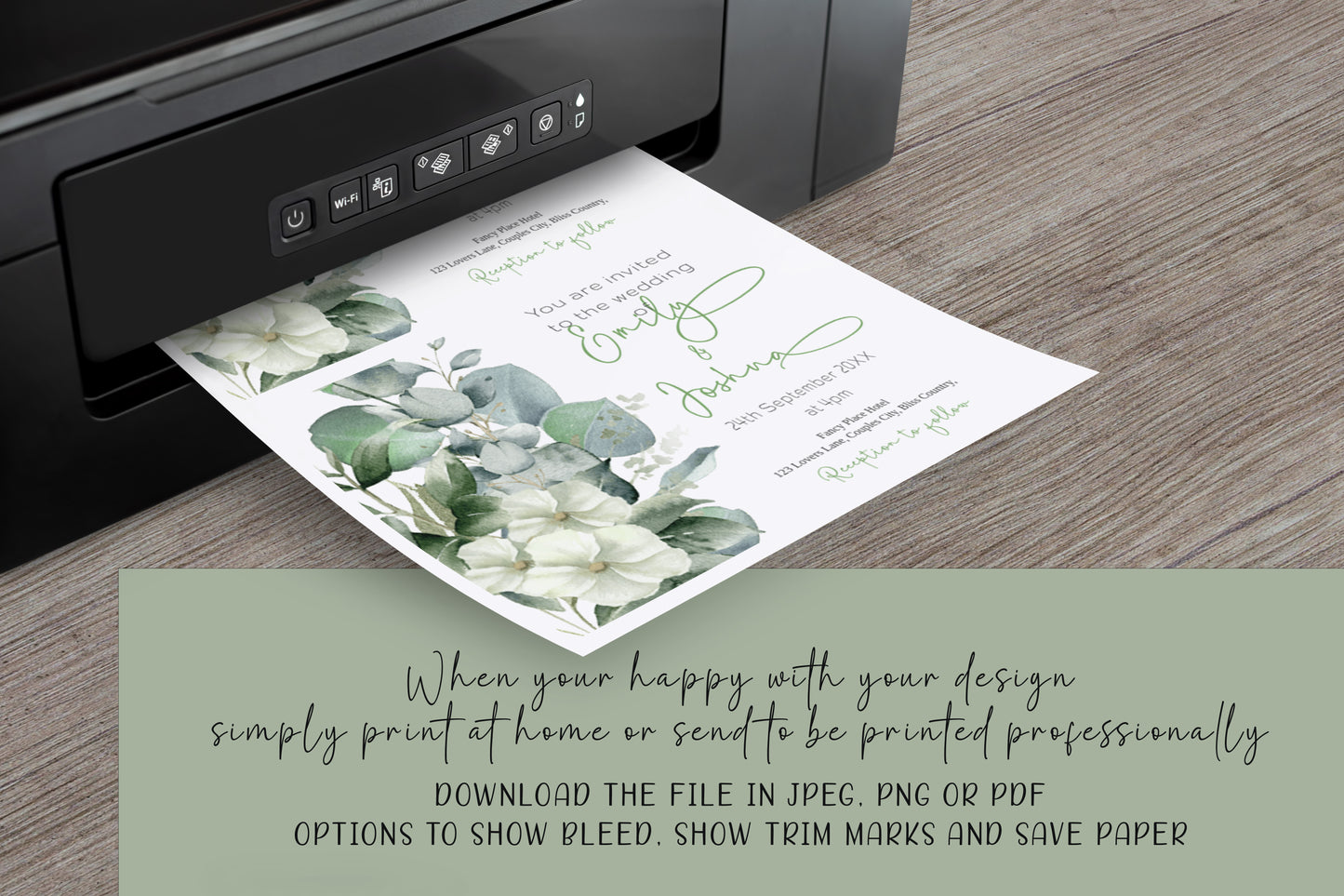 Eucalyptus, White Floral Wedding Invitation Suite - Editable Template. Beautiful understated botanical theme - invite, rsvp and details card