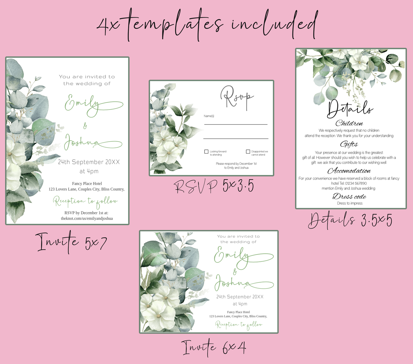 Eucalyptus, White Floral Wedding Invitation Suite - Editable Template. Beautiful understated botanical theme - invite, rsvp and details card