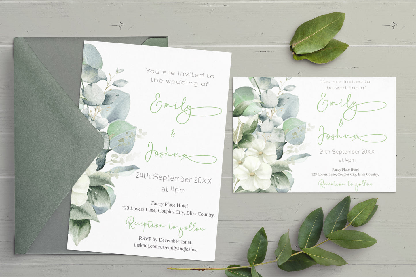 Eucalyptus, White Floral Wedding Invitation Suite - Editable Template. Beautiful understated botanical theme - invite, rsvp and details card