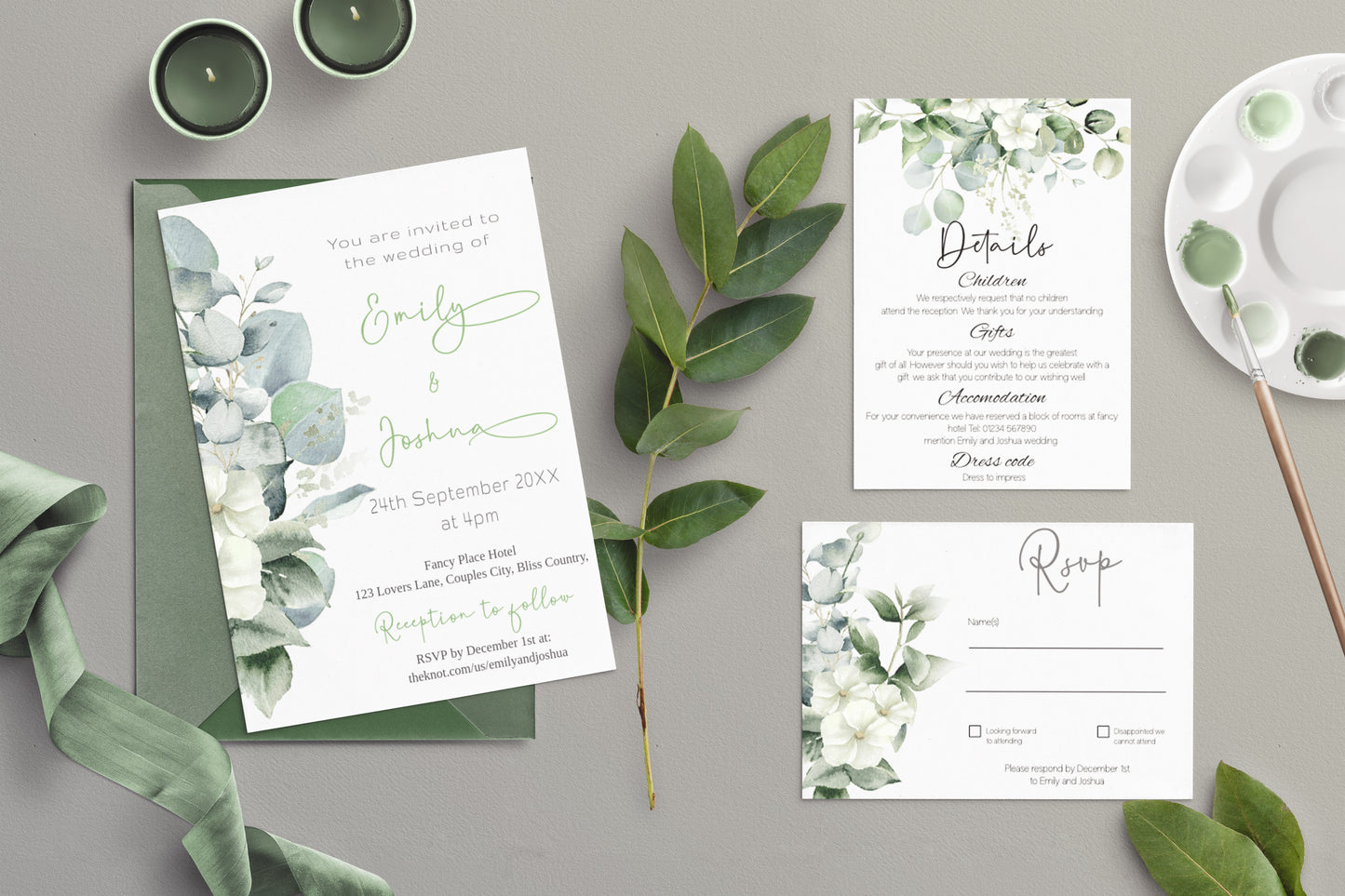 Eucalyptus, White Floral Wedding Invitation Suite - Editable Template. Beautiful understated botanical theme - invite, rsvp and details card