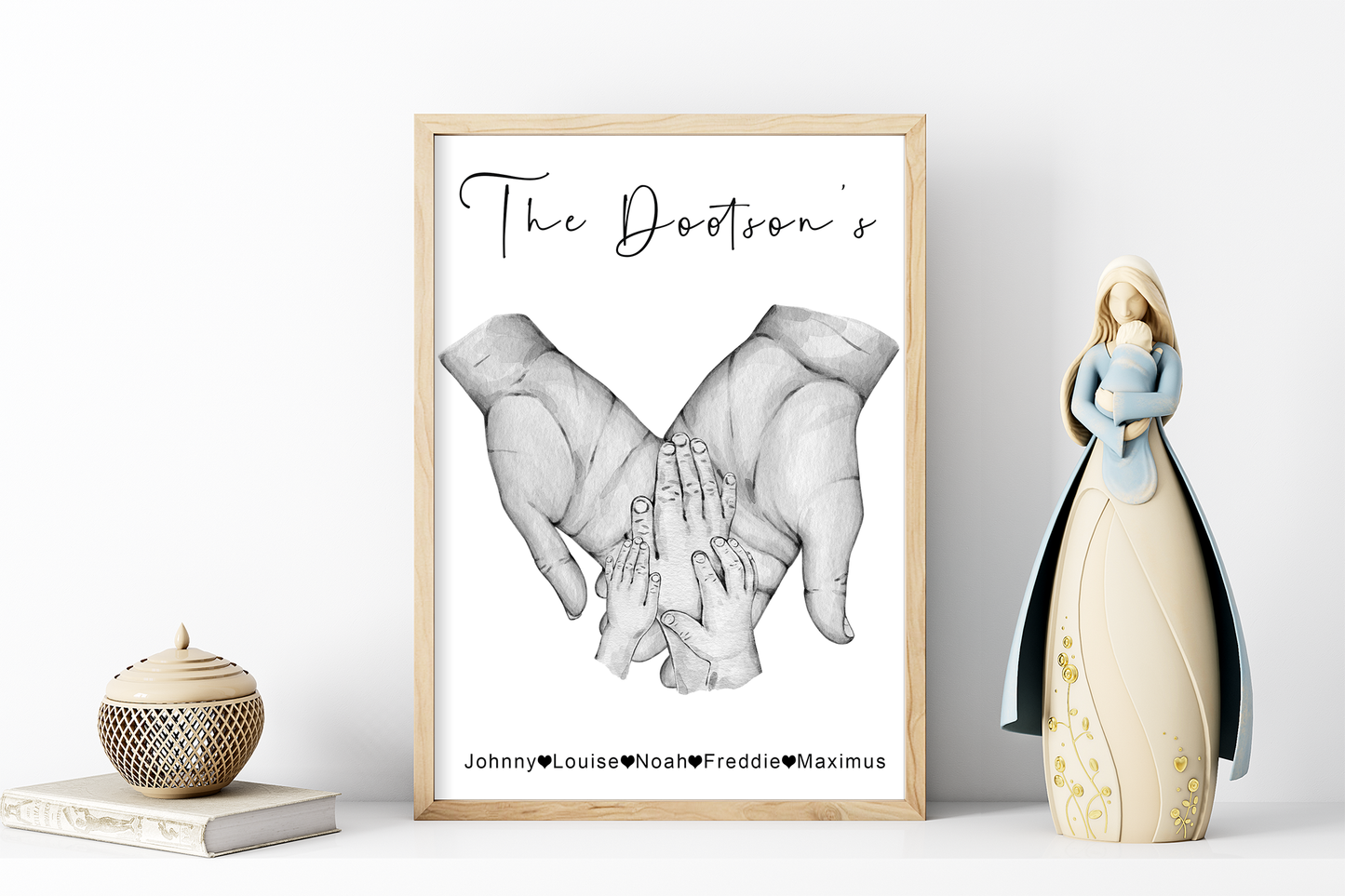 Custom family hands print | Black and white family paw portraits | New baby gift | New parents picture A3 | A4 | A5 | Greeting card