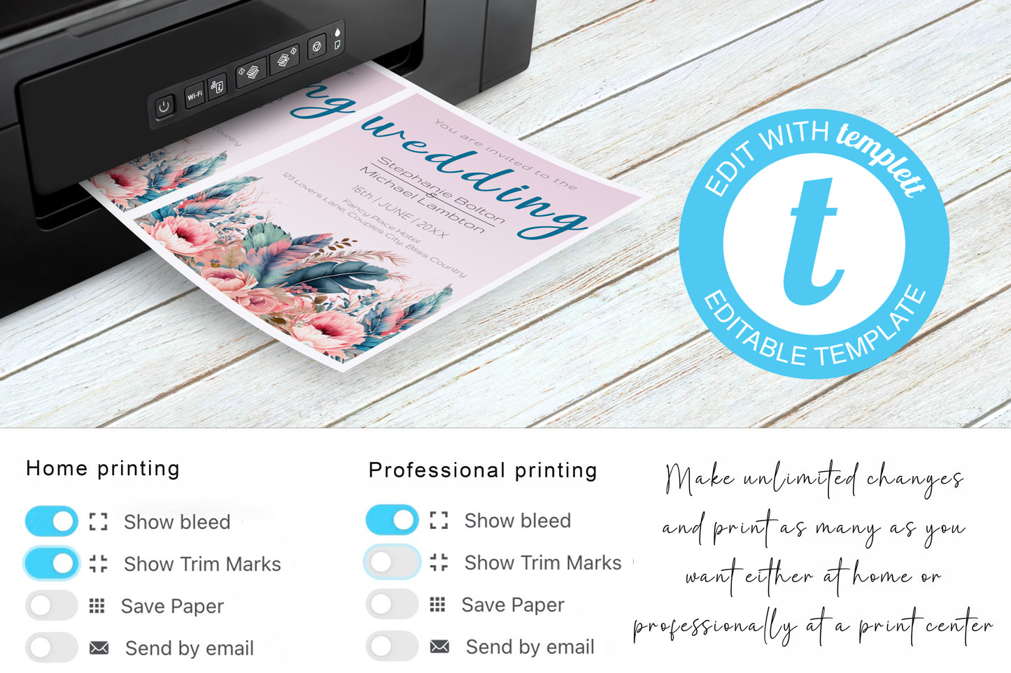 Colourful Feather and Floral Wedding Invitation Suite - Editable Template. Tones of teal, magenta, turquoise - invite, rsvp and details card