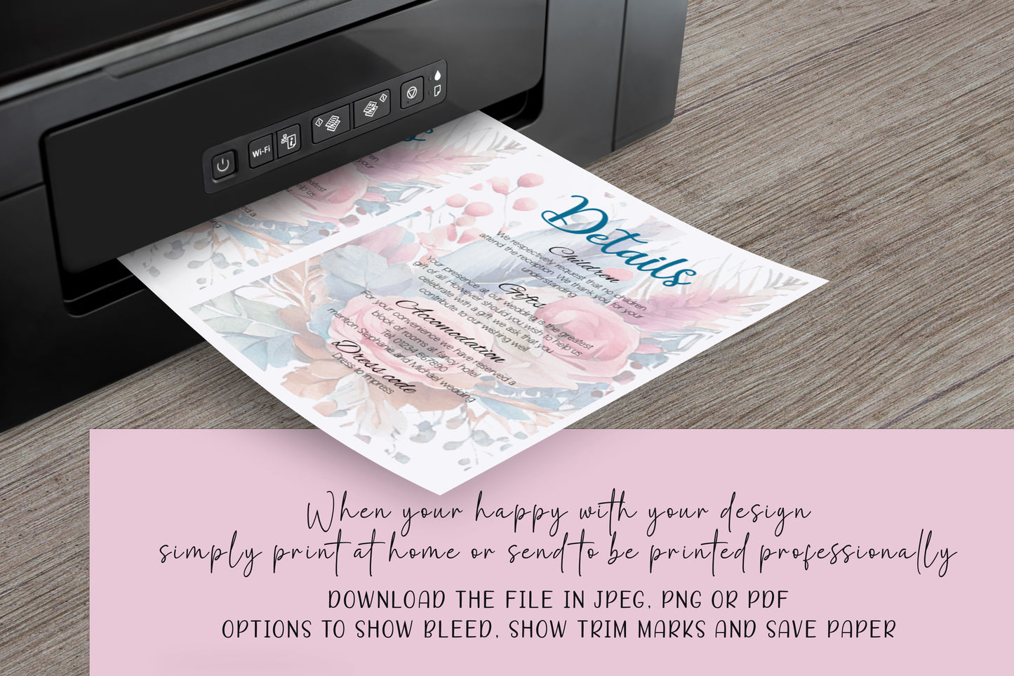 Colourful Feather and Floral Wedding Invitation Suite - Editable Template. Tones of teal, magenta, turquoise - invite, rsvp and details card