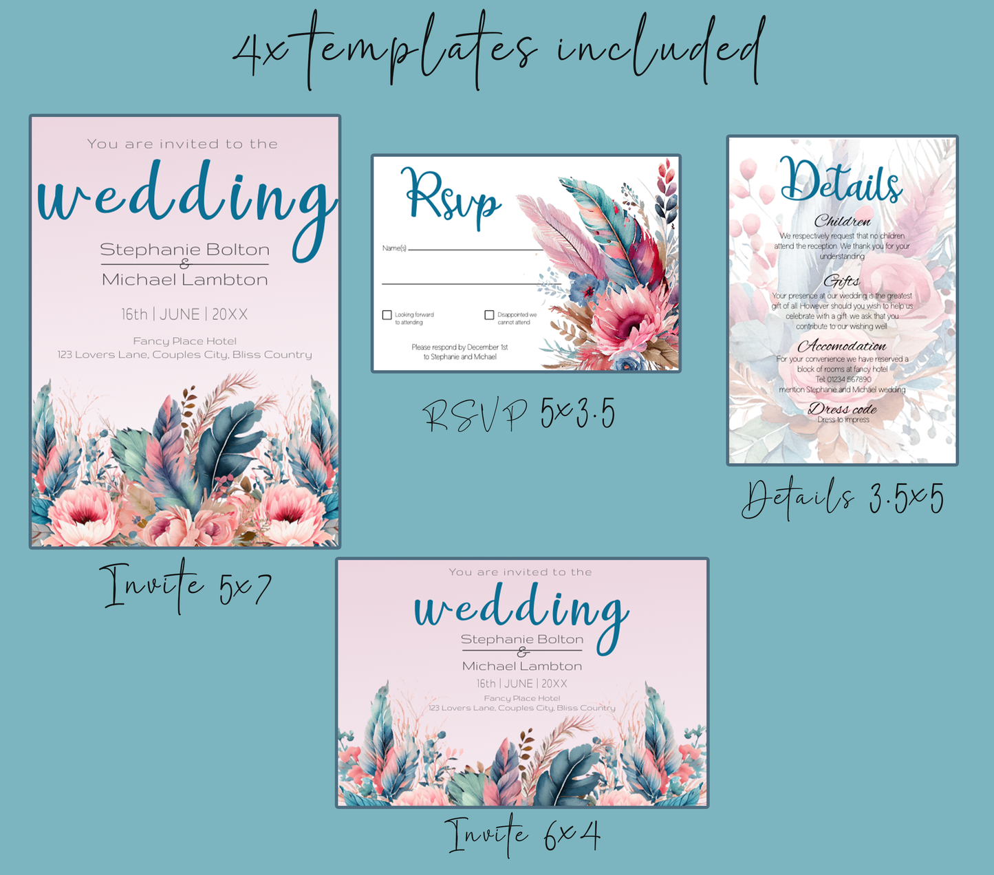 Colourful Feather and Floral Wedding Invitation Suite - Editable Template. Tones of teal, magenta, turquoise - invite, rsvp and details card