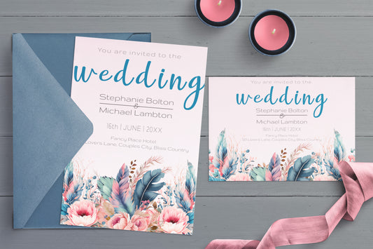 Colourful Feather and Floral Wedding Invitation Suite - Editable Template. Tones of teal, magenta, turquoise - invite, rsvp and details card