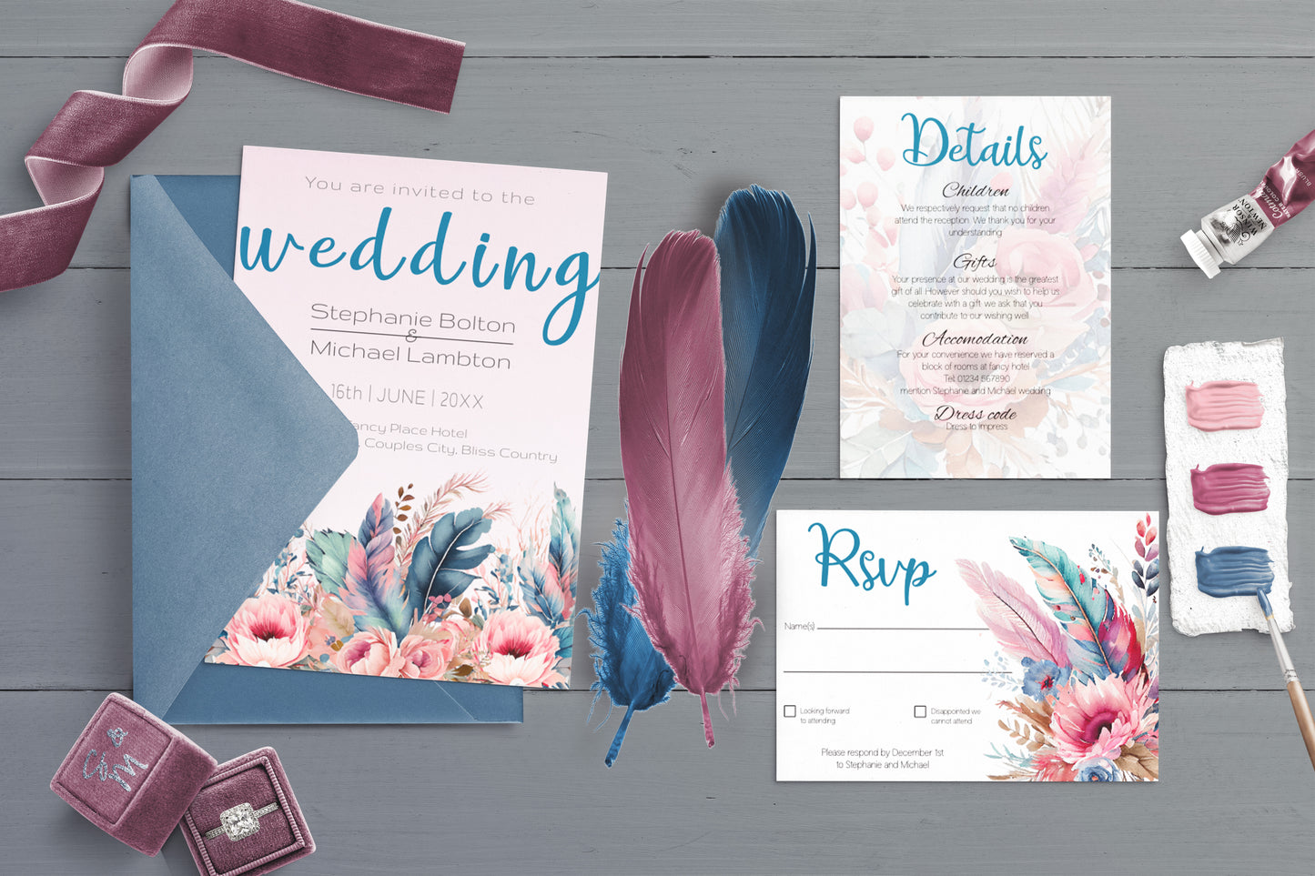 Colourful Feather and Floral Wedding Invitation Suite - Editable Template. Tones of teal, magenta, turquoise - invite, rsvp and details card