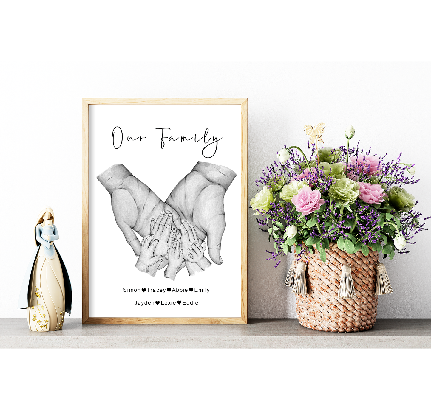 Custom portrait of family hands | Natural skin tones or Black and white | 1-5 children, dog and cat paws | A3 | A4 | A5 | Greeting card