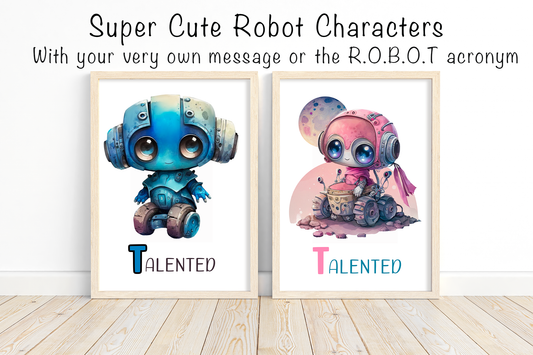 Adorable Bots Wall Art Collection - Infuse Playfulness with Cute Robot Decor in Bright Hues!