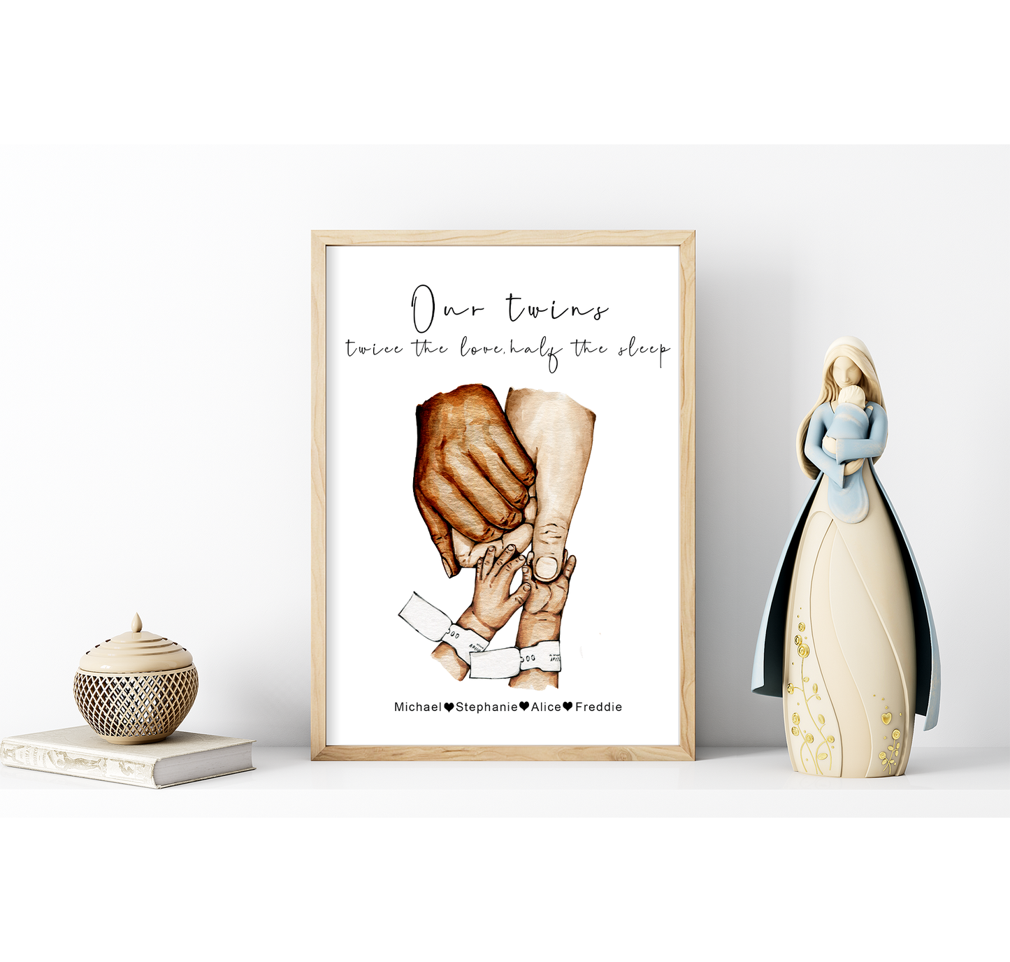 Parents with new baby, twins or triplets | Mummy and daddy with child's hand | Natural skin tones or Black and white | A3 | A4 | A5 |