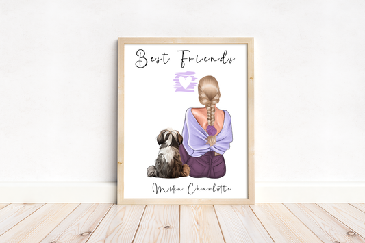 Personalised Girl and Dog Print | Customisable Pet Portrait | Cute dog wall art | Digital & Print Sizes Available