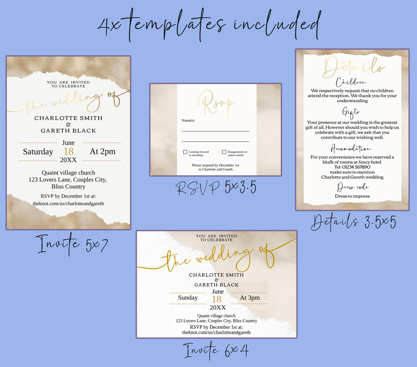 Golden Shimmer Wedding Invitation Suite - Editable Template. Glistening gold collection - invite, rsvp and details card