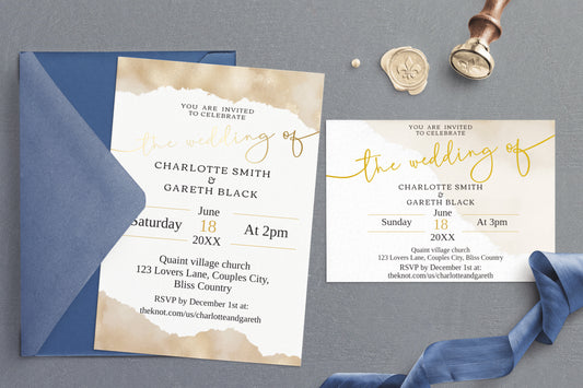 Golden Shimmer Wedding Invitation Suite - Editable Template. Glistening gold collection - invite, rsvp and details card