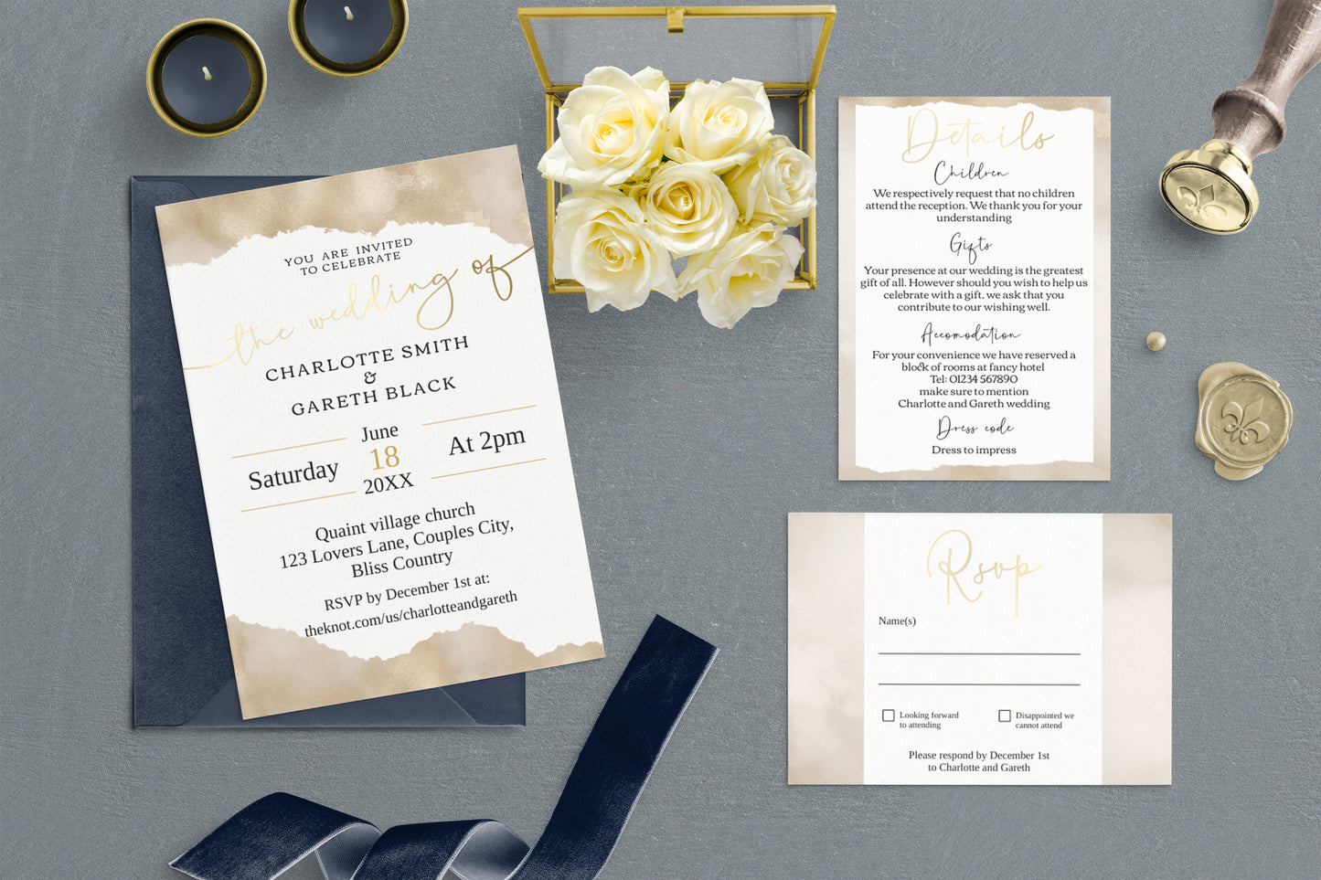 Golden Shimmer Wedding Invitation Suite - Editable Template. Glistening gold collection - invite, rsvp and details card