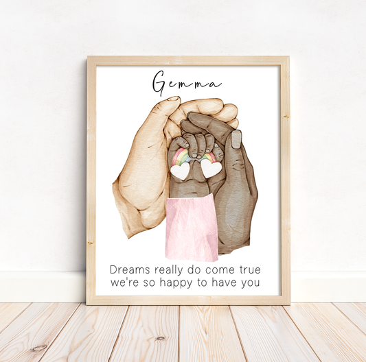 Rainbow baby hand with pink and blue sleeves with new parents | New baby print in natural skin tones or Black and white | A3 | A4 | A5 |
